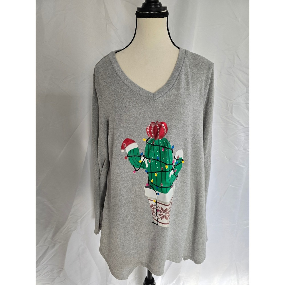 Joyland Womens Christmas‎ Cactus Long Sleeve V Neck Top XL Grey Holiday Lights
